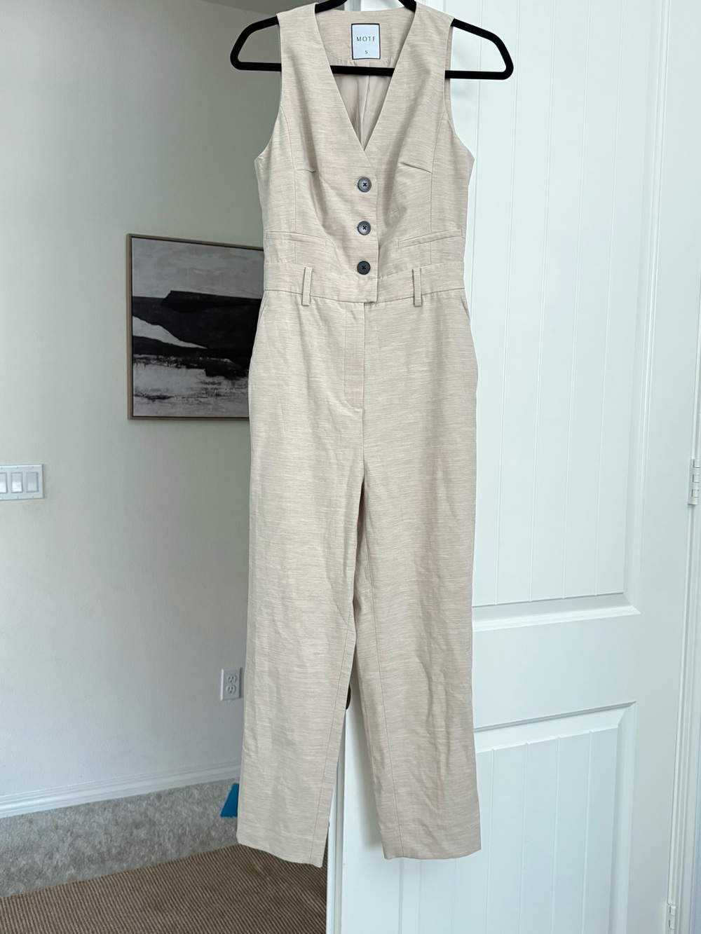 MOTF Neutral Beige Sleeveless V-Neck Jumpsuit with Button Front